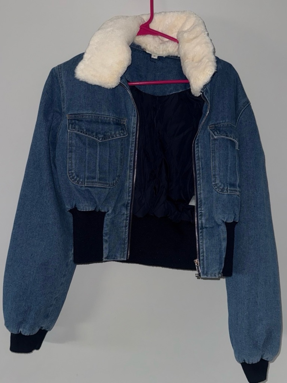 Elan Blue Denim Bomber Jacket with Cream Faux Shearling Collar